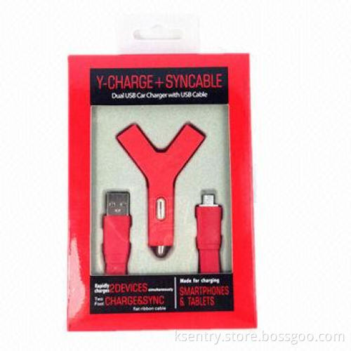 Manufacture Y Shape Dual-USB 2.1A Car Charger with Big Flat Cable and Good Package for iPhone 5/iPad
